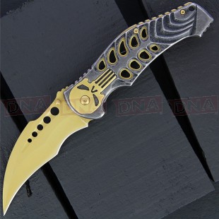 BF018030G Stainless Steel Skull Linerlock Karambit Knife | Gold