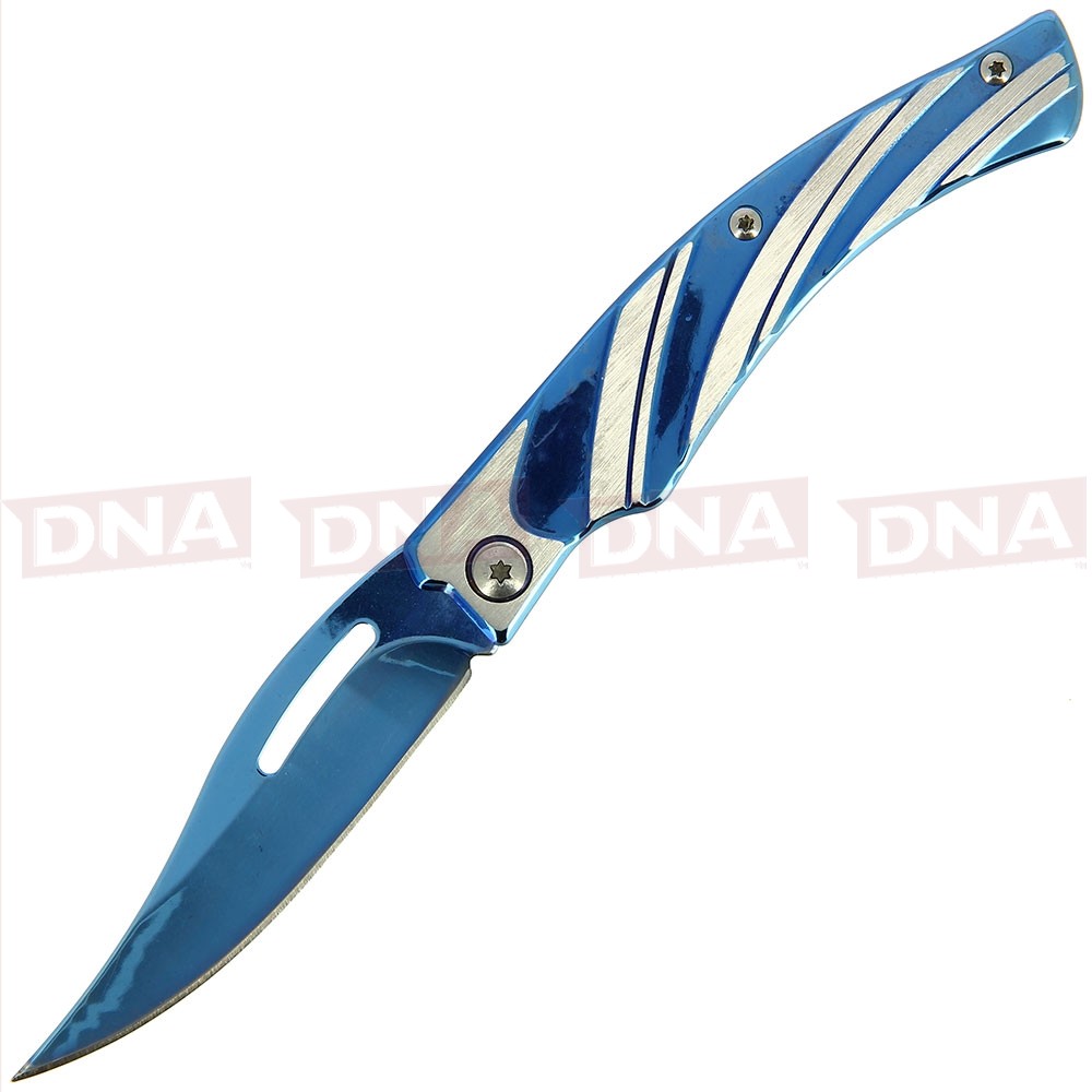 7cm Shiny Blue and Silver Non-Locking EDC Knife Open