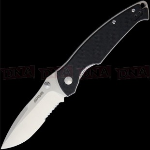 Sanrenmu SRMK913 9012 Linerlock Part Serrated Knife Open on Black